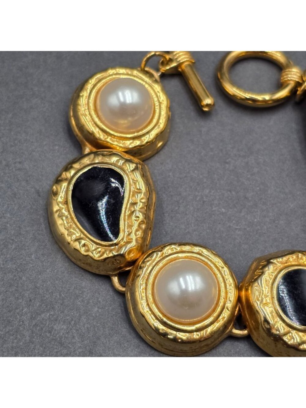 Vintage Gold Tone Black Enamel Faux Pearl Bracelet 7" Panel Link Statement - Picture 2 of 10